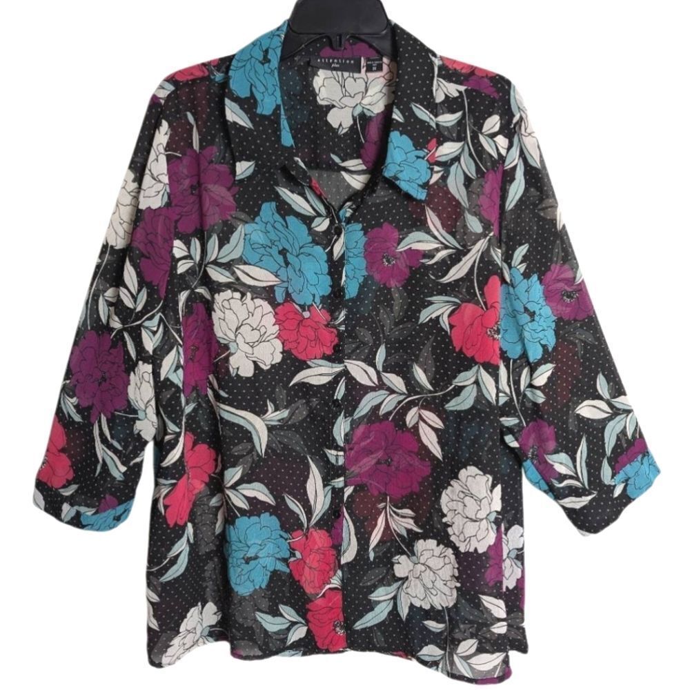Attention Sheer Black Floral Polka Dot Pink Teal Blue Blouse Top 2X